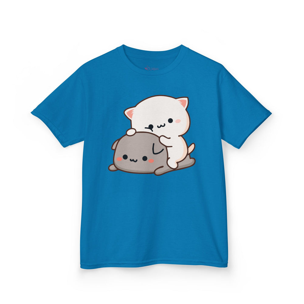 Kids Peach & Goma Funny T-Shirt – Youth Mochi Peach Cat Graphic Tee – Cute Mocha & Milk Lovers Shirt for Boys & Girls – Funny Cartoon Couple Youth Top