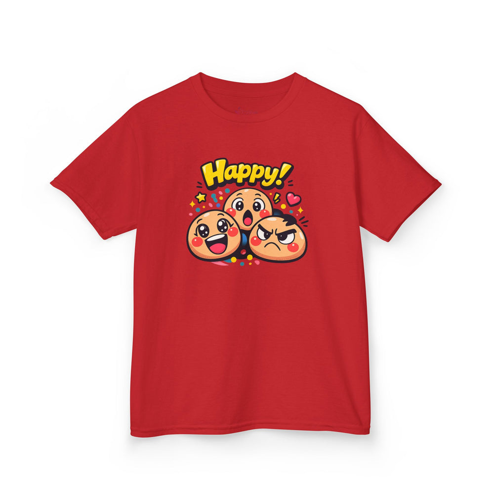 Gildan 5000B | Kids' "Happy Trio" Emoji Graphic Tee – Fun & Expressive Summer Shirt | "Happy!" Vibes Youth T-Shirt – Soft Cotton Tee for Active Kids | Vibrant Emoji Squad Kids' Tee – Comfortable Daily...