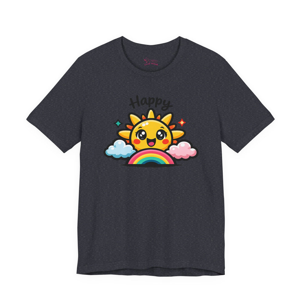 Bella+Canvas 3001 | Happy Sun & Rainbow Unisex Cotton Tee | Cute Kawaii Graphic Shirt | Happy Sun Rainbow Tee | kawaii minimal, thick outline emoji cartoon