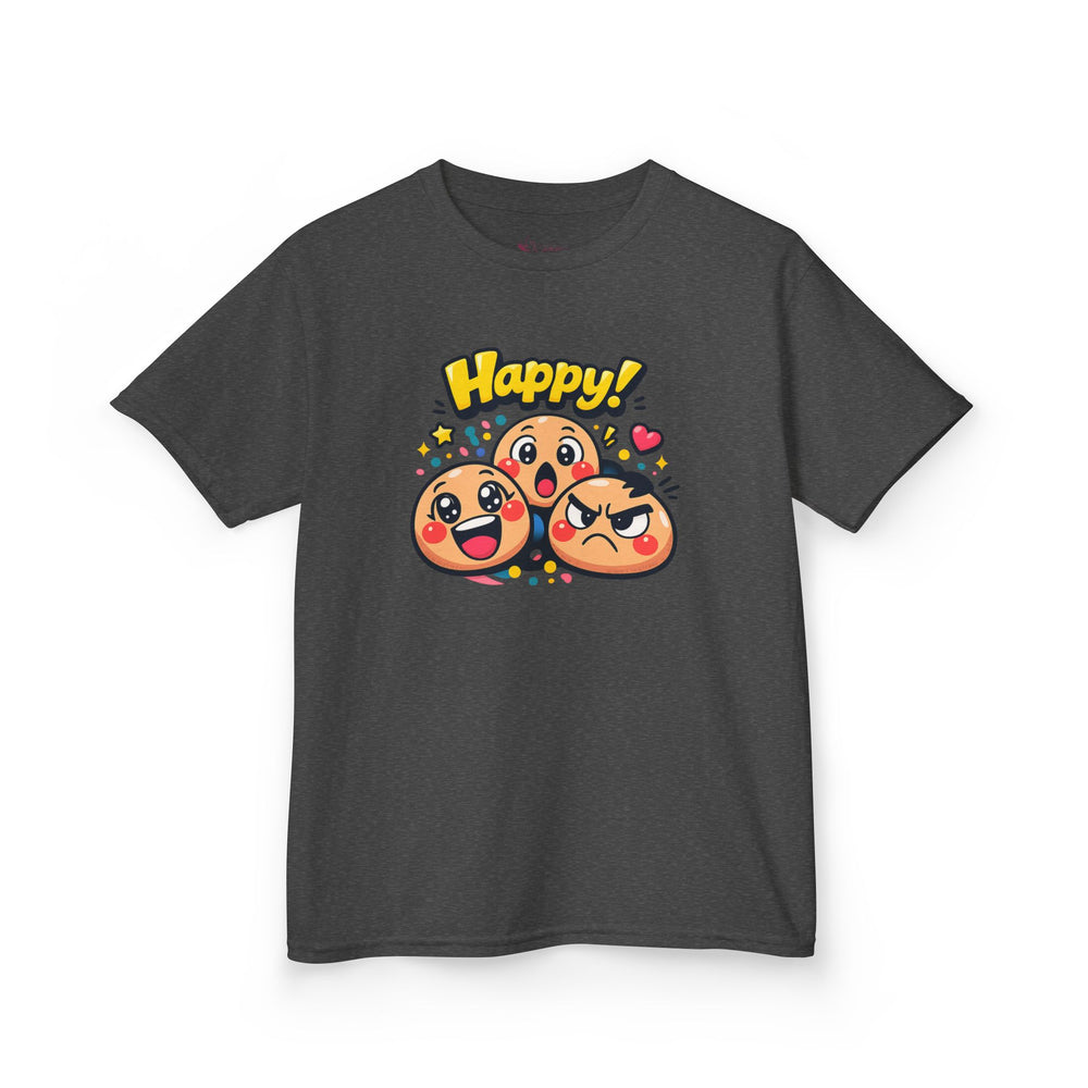 Gildan 5000B | Kids' "Happy Trio" Emoji Graphic Tee – Fun & Expressive Summer Shirt | "Happy!" Vibes Youth T-Shirt – Soft Cotton Tee for Active Kids | Vibrant Emoji Squad Kids' Tee – Comfortable Daily...