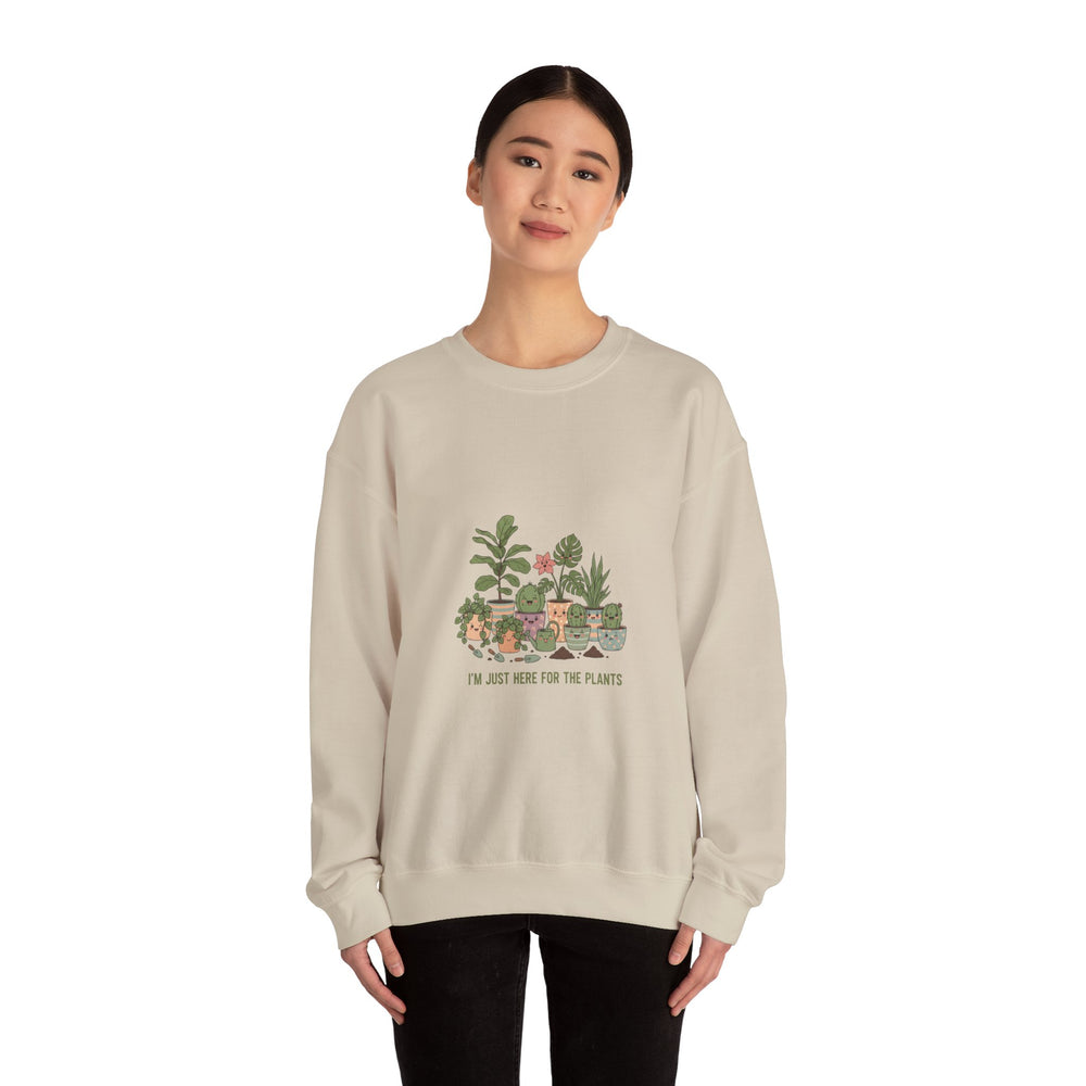 I’m Just Here for the Plants Sweatshirt | Plant Parent Humor, Sage Cream Botanical Pun