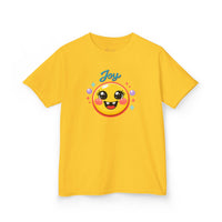 Gildan 5000B | Kids’ "Joy" Smiley Face Tee – Vibrant Graphic Cotton T-Shirt | Joyful Smiley Kids’ T-Shirt – Unisex Summer Apparel | Joy Graphic Tee for Kids – Soft Summer Cotton T-Shirt