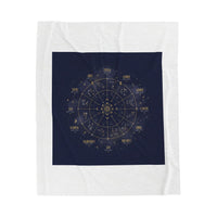 Zodiac Constellation Wheel Velveteen Plush Blanket | Astrological Cosmic Map, Gold Foil Accents