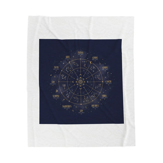 Zodiac Constellation Wheel Velveteen Plush Blanket | Astrological Cosmic Map, Gold Foil Accents