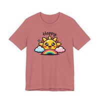 Bella+Canvas 3001 | Happy Sun & Rainbow Unisex Cotton Tee | Cute Kawaii Graphic Shirt | Happy Sun Rainbow Tee | kawaii minimal, thick outline emoji cartoon