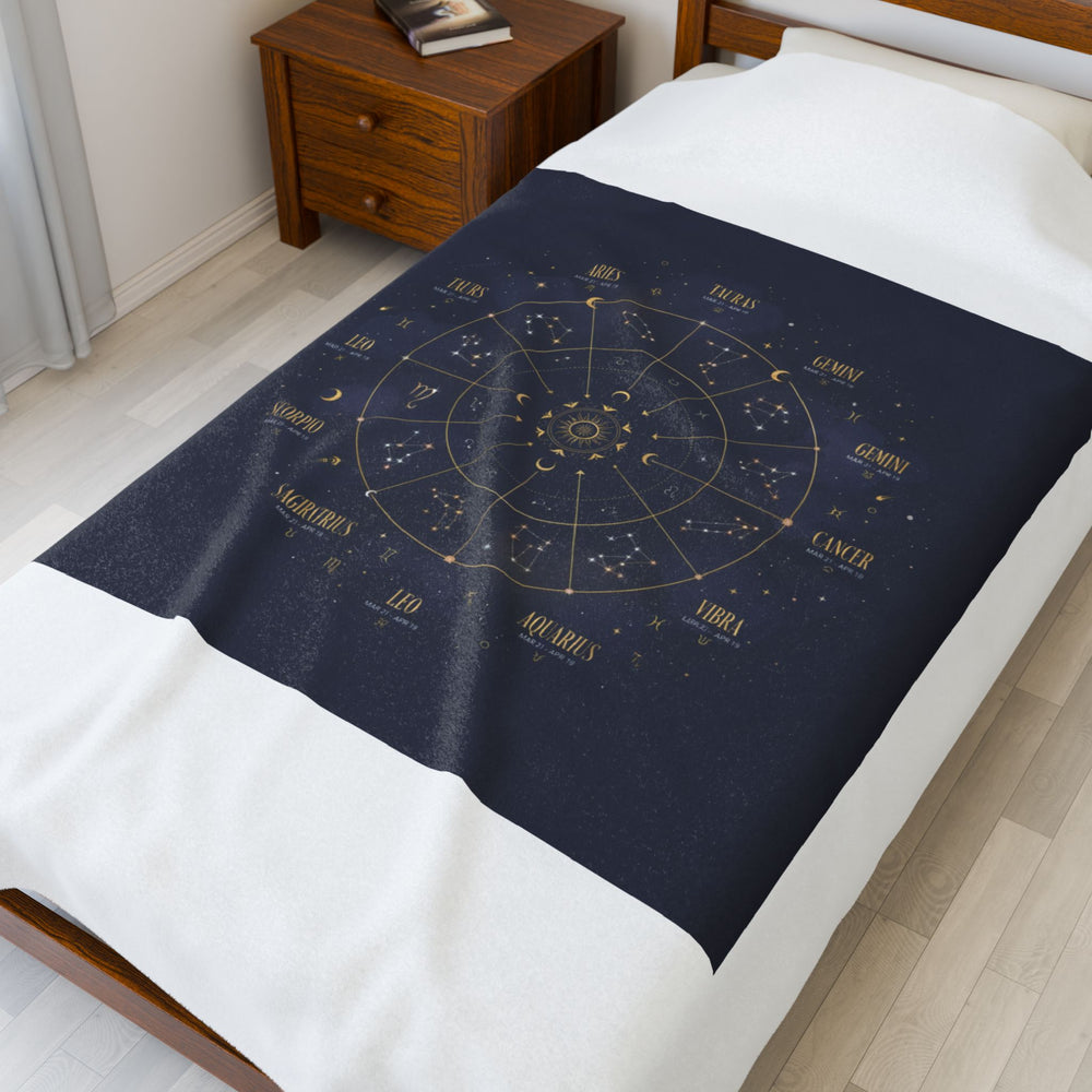 Zodiac Constellation Wheel Velveteen Plush Blanket | Astrological Cosmic Map, Gold Foil Accents