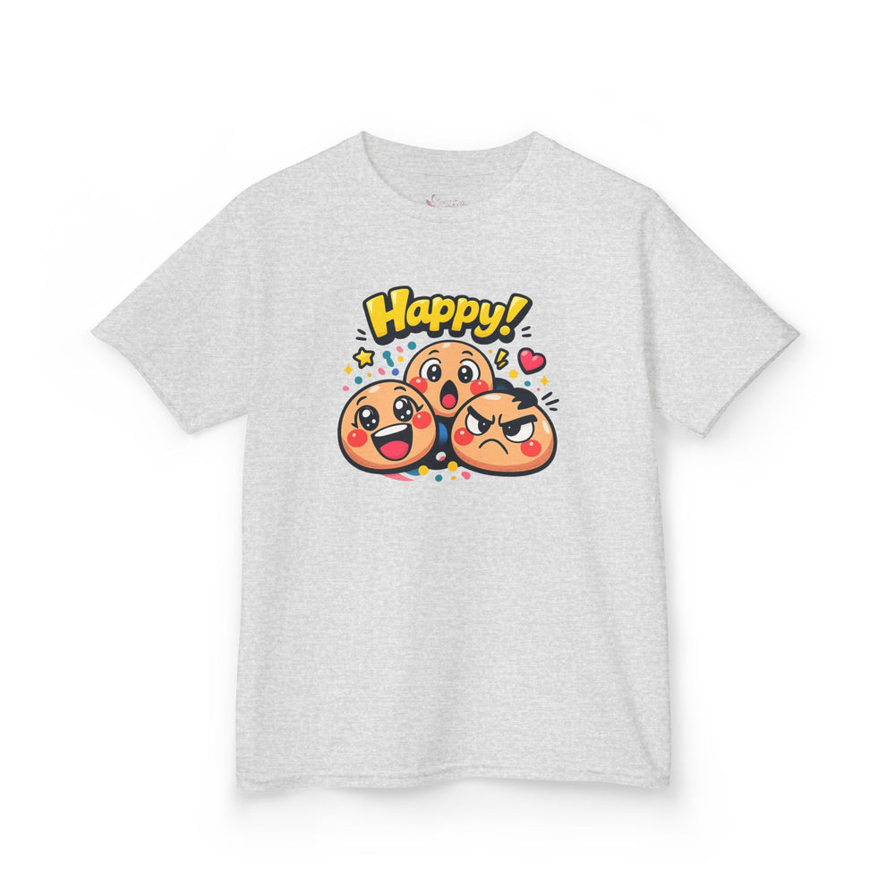 Gildan 5000B | Kids' "Happy Trio" Emoji Graphic Tee – Fun & Expressive Summer Shirt | "Happy!" Vibes Youth T-Shirt – Soft Cotton Tee for Active Kids | Vibrant Emoji Squad Kids' Tee – Comfortable Daily...
