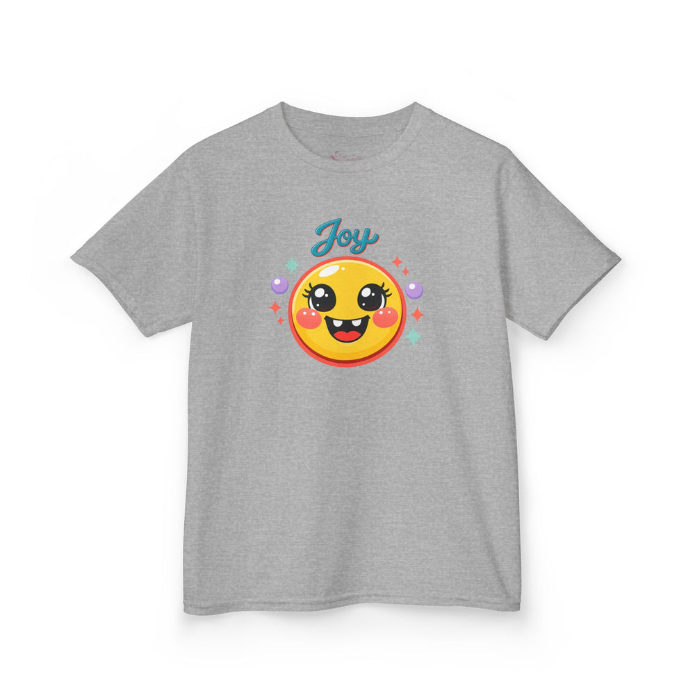 Gildan 5000B | Kids’ "Joy" Smiley Face Tee – Vibrant Graphic Cotton T-Shirt | Joyful Smiley Kids’ T-Shirt – Unisex Summer Apparel | Joy Graphic Tee for Kids – Soft Summer Cotton T-Shirt