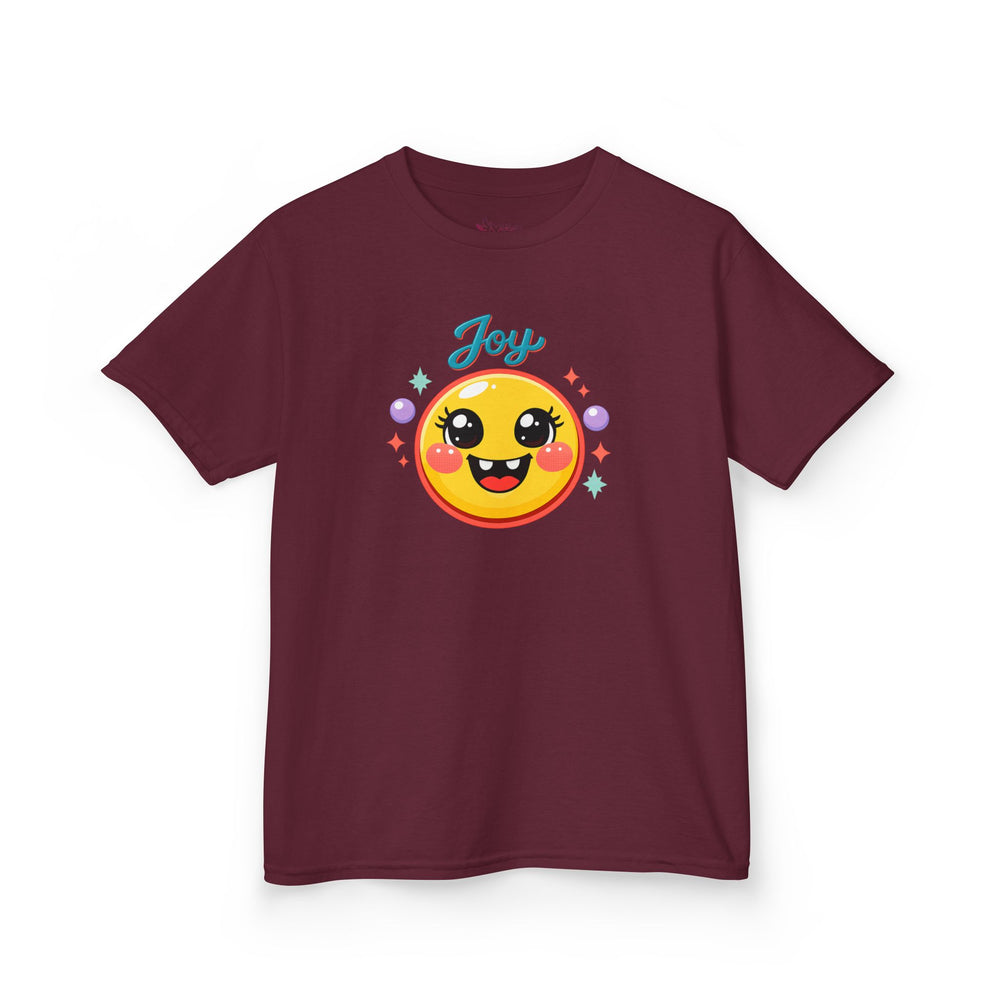 Gildan 5000B | Kids’ "Joy" Smiley Face Tee – Vibrant Graphic Cotton T-Shirt | Joyful Smiley Kids’ T-Shirt – Unisex Summer Apparel | Joy Graphic Tee for Kids – Soft Summer Cotton T-Shirt