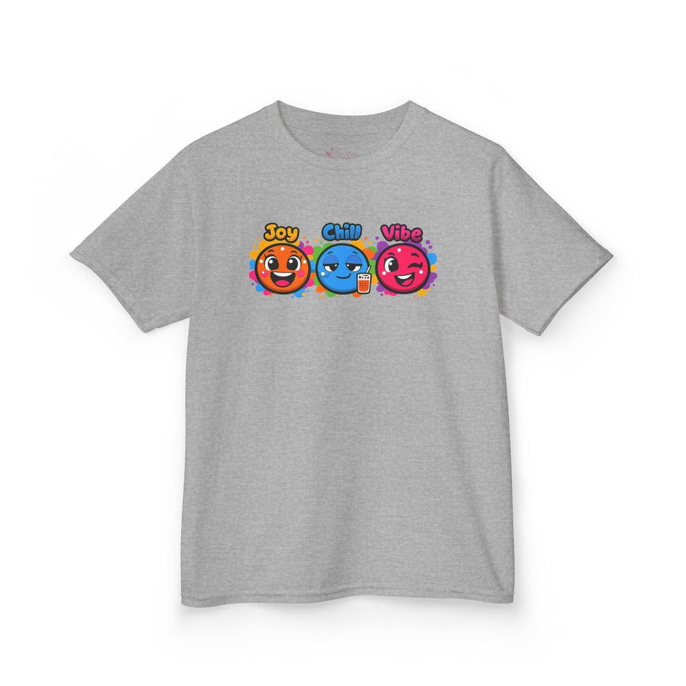 Gildan 5000B | Kids' "Joy, Chill, Vibe" Trio Graphic Tee | Kids Tee — Joy Chill Vibe Emoji Trio Graphic T-Shirt