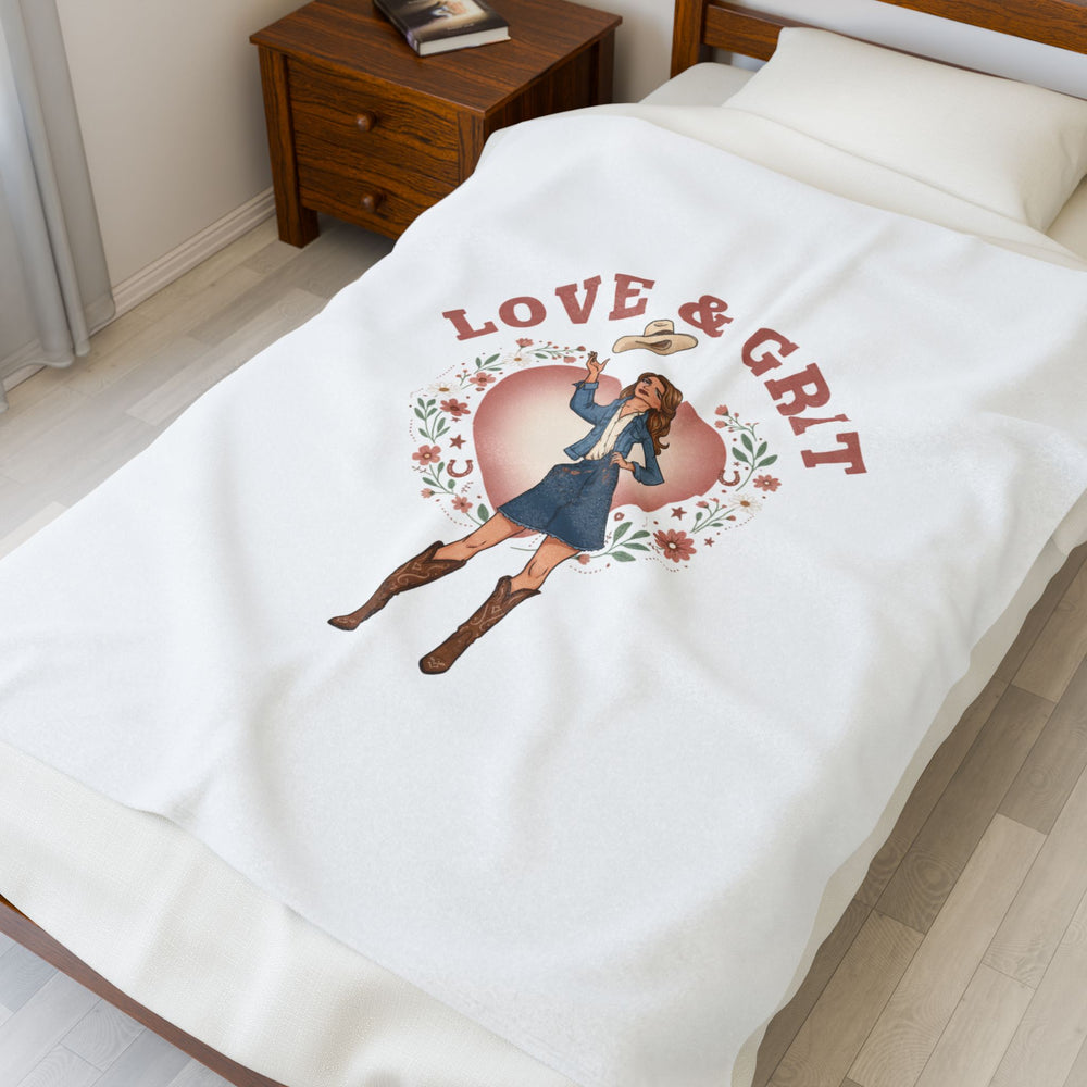 Love & Grit Cowgirl Heart Velveteen Plush Blanket | Western Valentine, Boot Heart Design