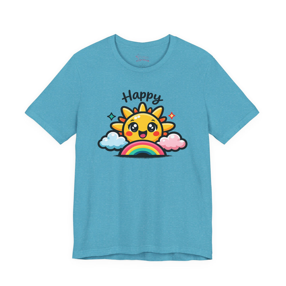 Bella+Canvas 3001 | Happy Sun & Rainbow Unisex Cotton Tee | Cute Kawaii Graphic Shirt | Happy Sun Rainbow Tee | kawaii minimal, thick outline emoji cartoon