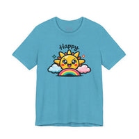 Bella+Canvas 3001 | Happy Sun & Rainbow Unisex Cotton Tee | Cute Kawaii Graphic Shirt | Happy Sun Rainbow Tee | kawaii minimal, thick outline emoji cartoon