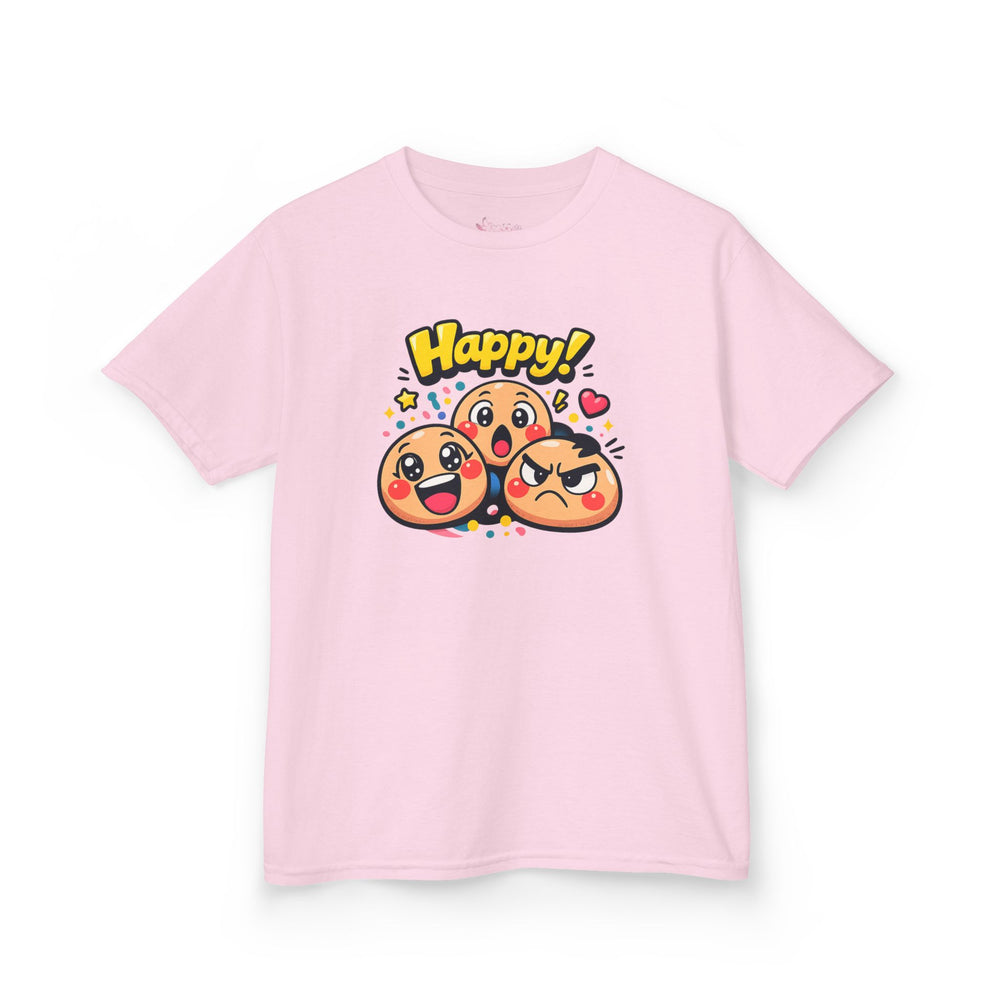 Gildan 5000B | Kids' "Happy Trio" Emoji Graphic Tee – Fun & Expressive Summer Shirt | "Happy!" Vibes Youth T-Shirt – Soft Cotton Tee for Active Kids | Vibrant Emoji Squad Kids' Tee – Comfortable Daily...