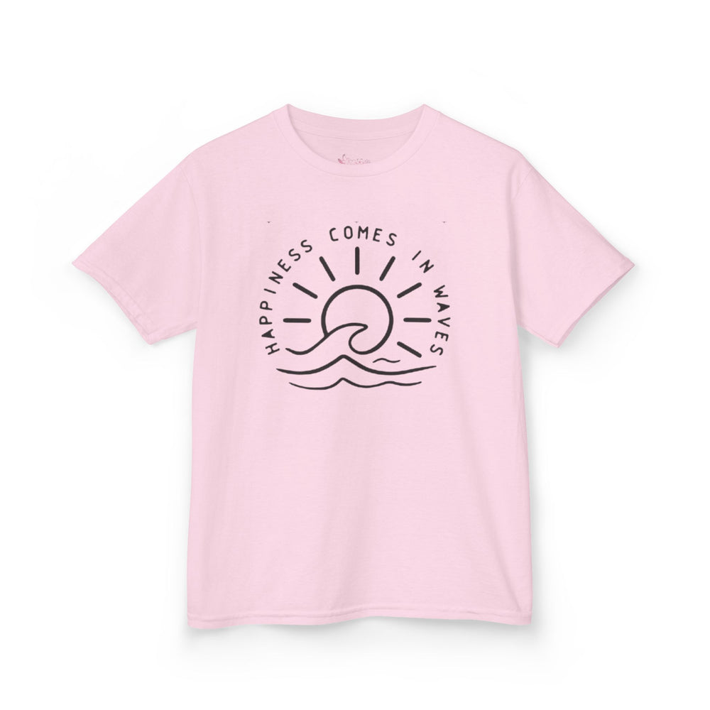 Gildan 5000B | Kids' "Happiness Comes in Waves" Graphic Tee – Soft & Breathable Summer Beach T-Shirt