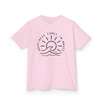 Gildan 5000B | Kids' "Happiness Comes in Waves" Graphic Tee – Soft & Breathable Summer Beach T-Shirt