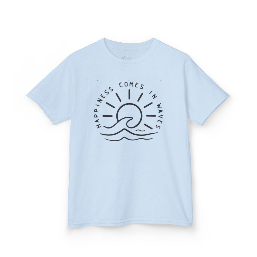 Gildan 5000B | Kids' "Happiness Comes in Waves" Graphic Tee – Soft & Breathable Summer Beach T-Shirt
