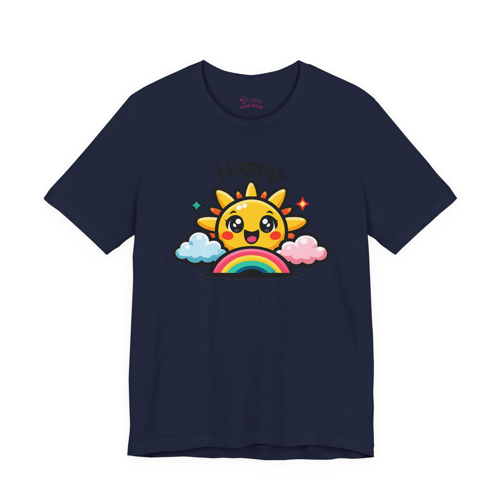 Bella+Canvas 3001 | Happy Sun & Rainbow Unisex Cotton Tee | Cute Kawaii Graphic Shirt | Happy Sun Rainbow Tee | kawaii minimal, thick outline emoji cartoon