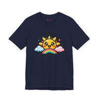 Bella+Canvas 3001 | Happy Sun & Rainbow Unisex Cotton Tee | Cute Kawaii Graphic Shirt | Happy Sun Rainbow Tee | kawaii minimal, thick outline emoji cartoon