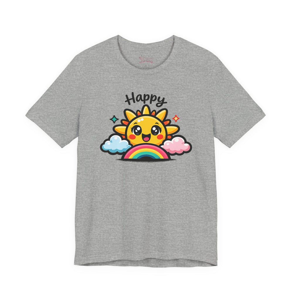 Bella+Canvas 3001 | Happy Sun & Rainbow Unisex Cotton Tee | Cute Kawaii Graphic Shirt | Happy Sun Rainbow Tee | kawaii minimal, thick outline emoji cartoon