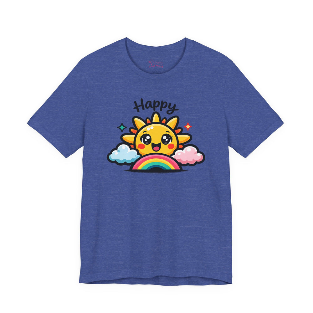 Bella+Canvas 3001 | Happy Sun & Rainbow Unisex Cotton Tee | Cute Kawaii Graphic Shirt | Happy Sun Rainbow Tee | kawaii minimal, thick outline emoji cartoon
