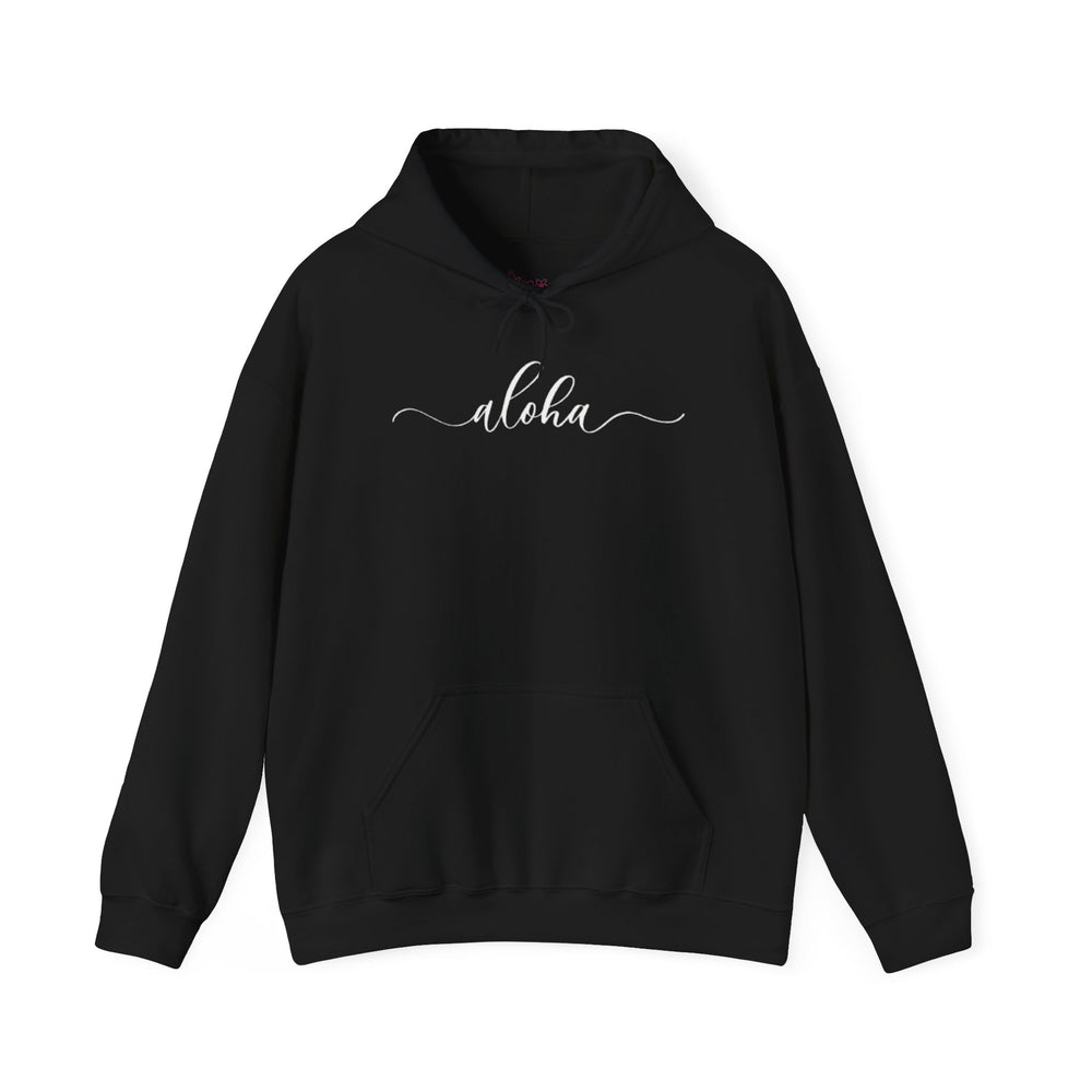 Gildan 18500 | Unisex Minimalist "Aloha" Script Hoodie – Elegant Cursive Graphic – Premium Soft Fleece Pullover