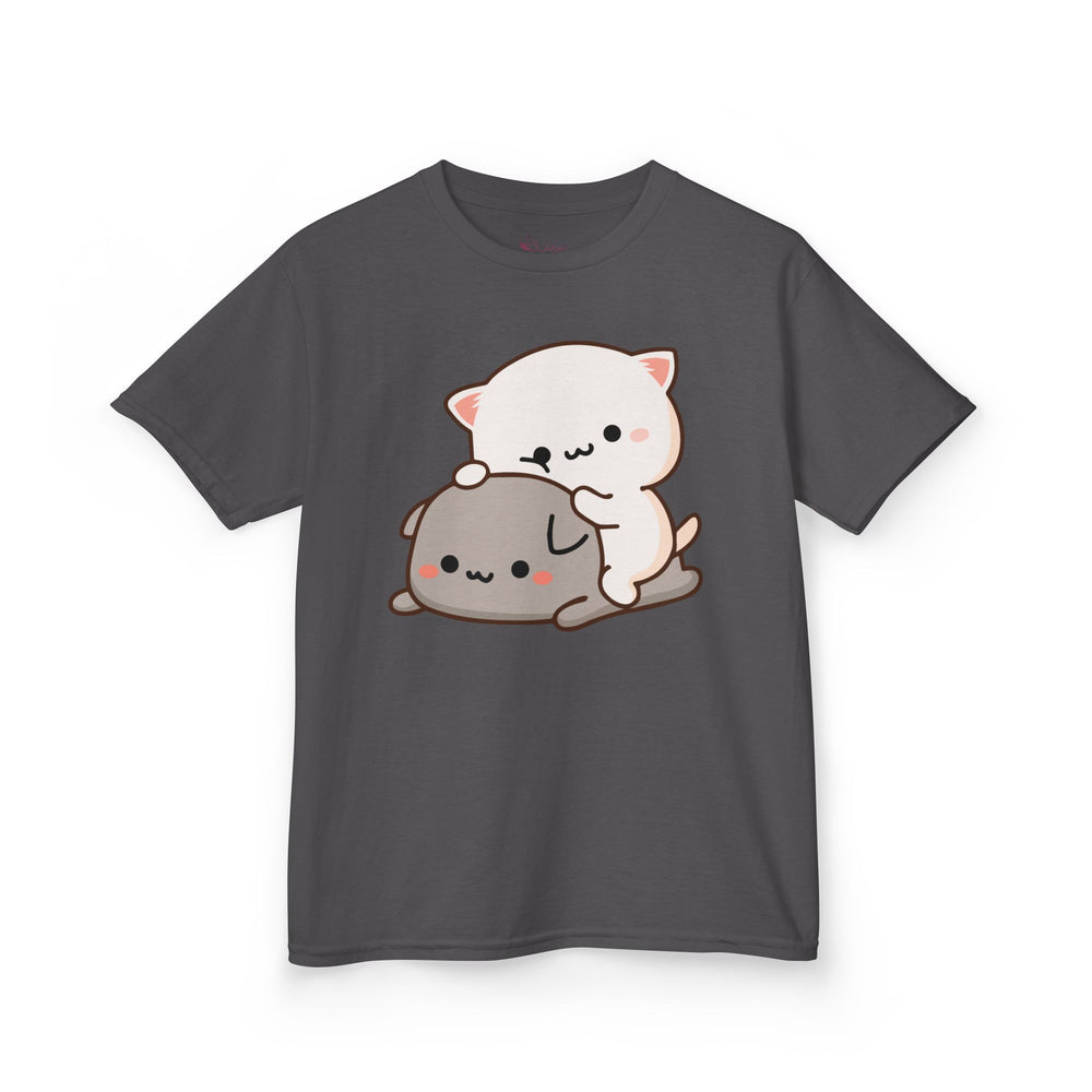 Kids Peach & Goma Funny T-Shirt – Youth Mochi Peach Cat Graphic Tee – Cute Mocha & Milk Lovers Shirt for Boys & Girls – Funny Cartoon Couple Youth Top