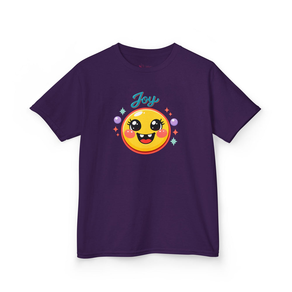 Gildan 5000B | Kids’ "Joy" Smiley Face Tee – Vibrant Graphic Cotton T-Shirt | Joyful Smiley Kids’ T-Shirt – Unisex Summer Apparel | Joy Graphic Tee for Kids – Soft Summer Cotton T-Shirt