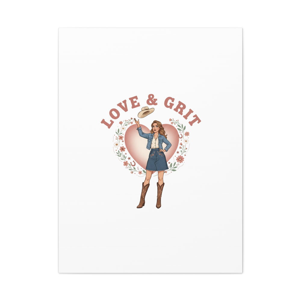 Love & Grit Canvas, Western Valentine Cowgirl Heart Poster | Cowboy Valentine