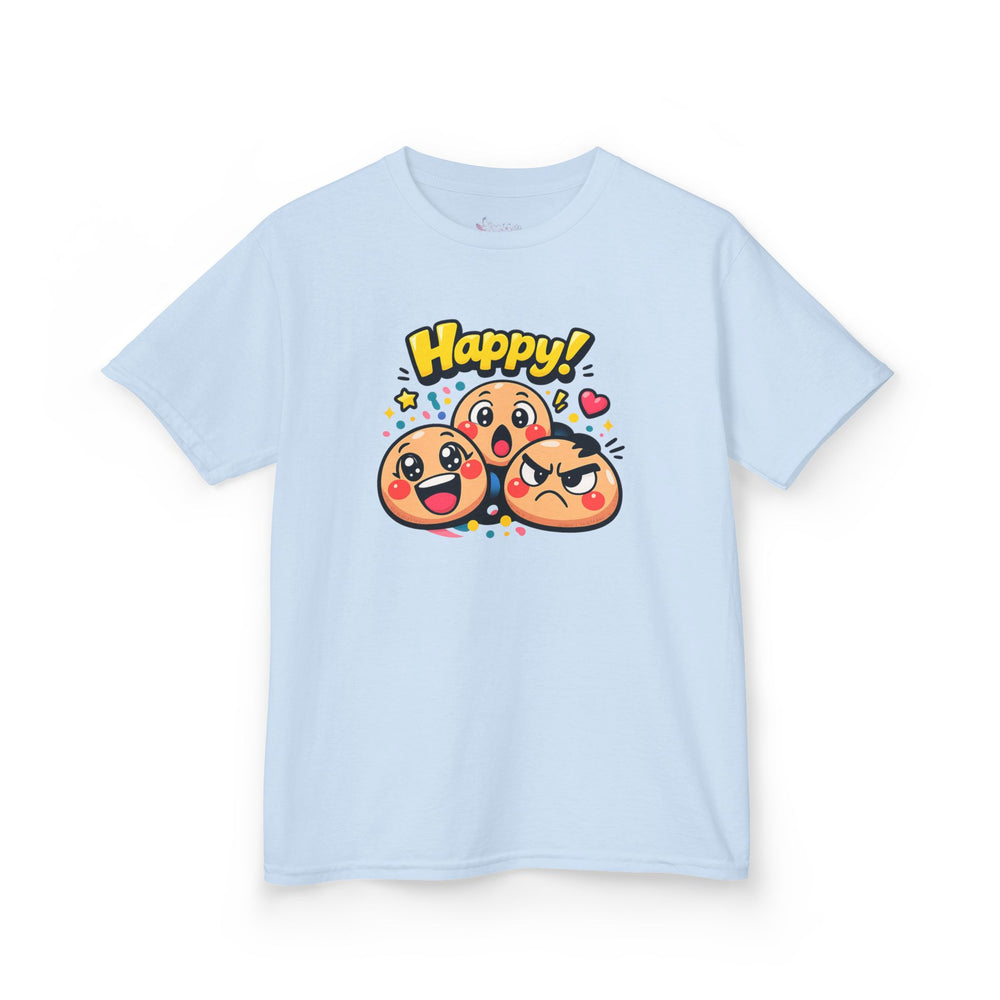 Gildan 5000B | Kids' "Happy Trio" Emoji Graphic Tee – Fun & Expressive Summer Shirt | "Happy!" Vibes Youth T-Shirt – Soft Cotton Tee for Active Kids | Vibrant Emoji Squad Kids' Tee – Comfortable Daily...