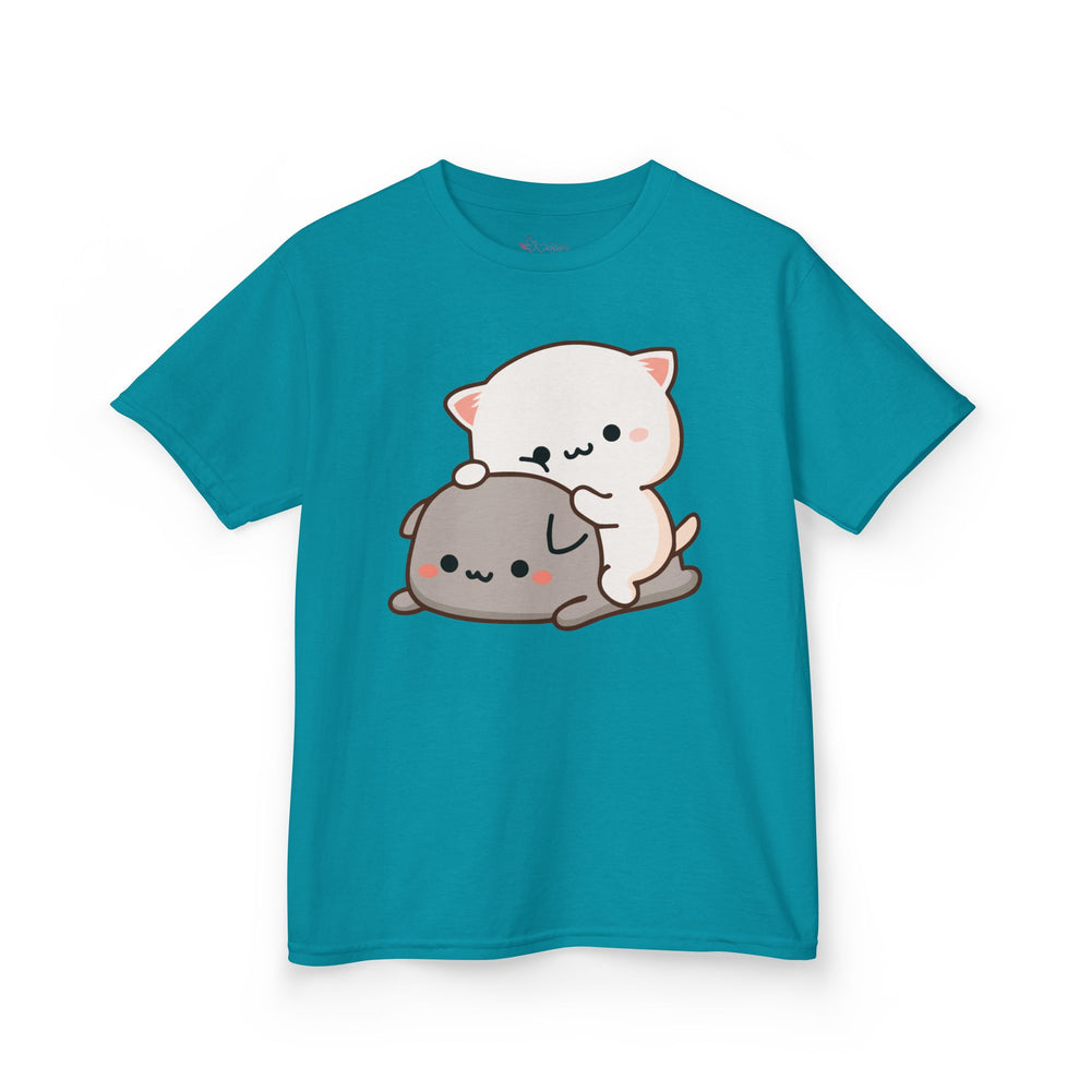 Kids Peach & Goma Funny T-Shirt – Youth Mochi Peach Cat Graphic Tee – Cute Mocha & Milk Lovers Shirt for Boys & Girls – Funny Cartoon Couple Youth Top