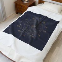 Zodiac Constellation Wheel Velveteen Plush Blanket | Astrological Cosmic Map, Gold Foil Accents