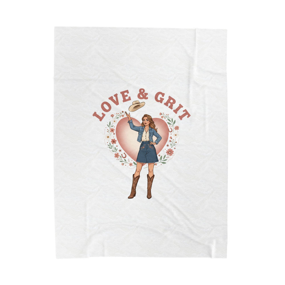 Love & Grit Cowgirl Heart Velveteen Plush Blanket | Western Valentine, Boot Heart Design