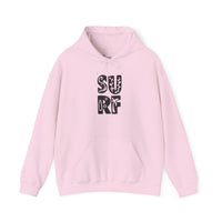Gildan 18500 | Unisex "SURF" Graphic Hoodie – Retro Typography Design – Premium Soft Fleece Coastal Pullover