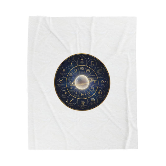 Celestial Zodiac Wheel Velveteen Plush Blanket | Constellation, Metallic Gold