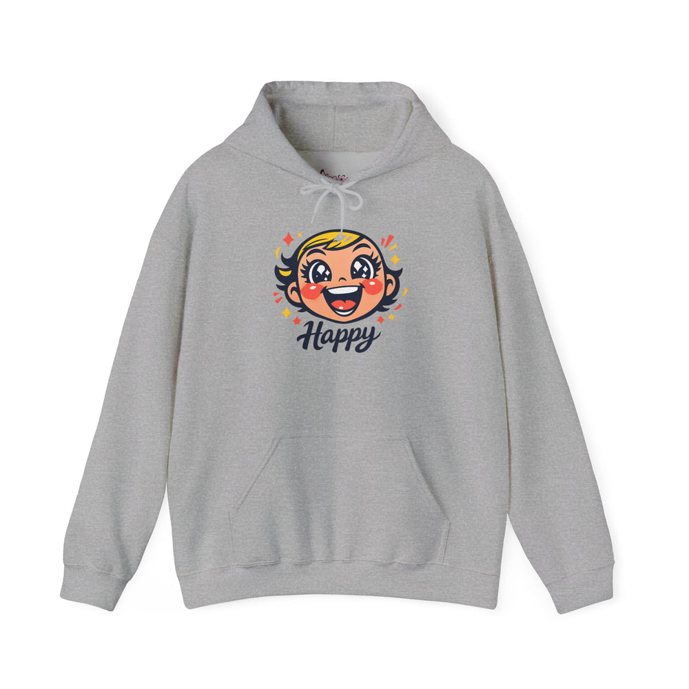 Gildan 18500 | Retro Joy Unisex Heavy Blend™ Hooded Sweatshirt – "Happy" Edition | Happy Face Kawaii Hoodie | bold cartoon, thick outline