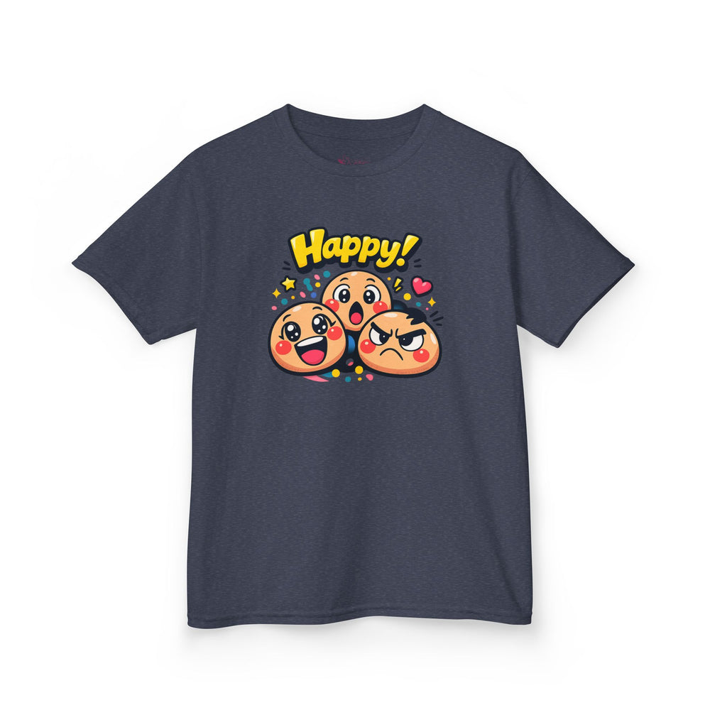 Gildan 5000B | Kids' "Happy Trio" Emoji Graphic Tee – Fun & Expressive Summer Shirt | "Happy!" Vibes Youth T-Shirt – Soft Cotton Tee for Active Kids | Vibrant Emoji Squad Kids' Tee – Comfortable Daily...