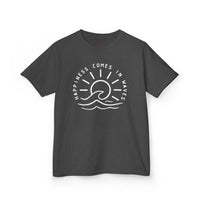 Gildan 5000B | Kids' "Happiness Comes in Waves" Graphic Tee – Soft & Breathable Summer Beach T-Shirt