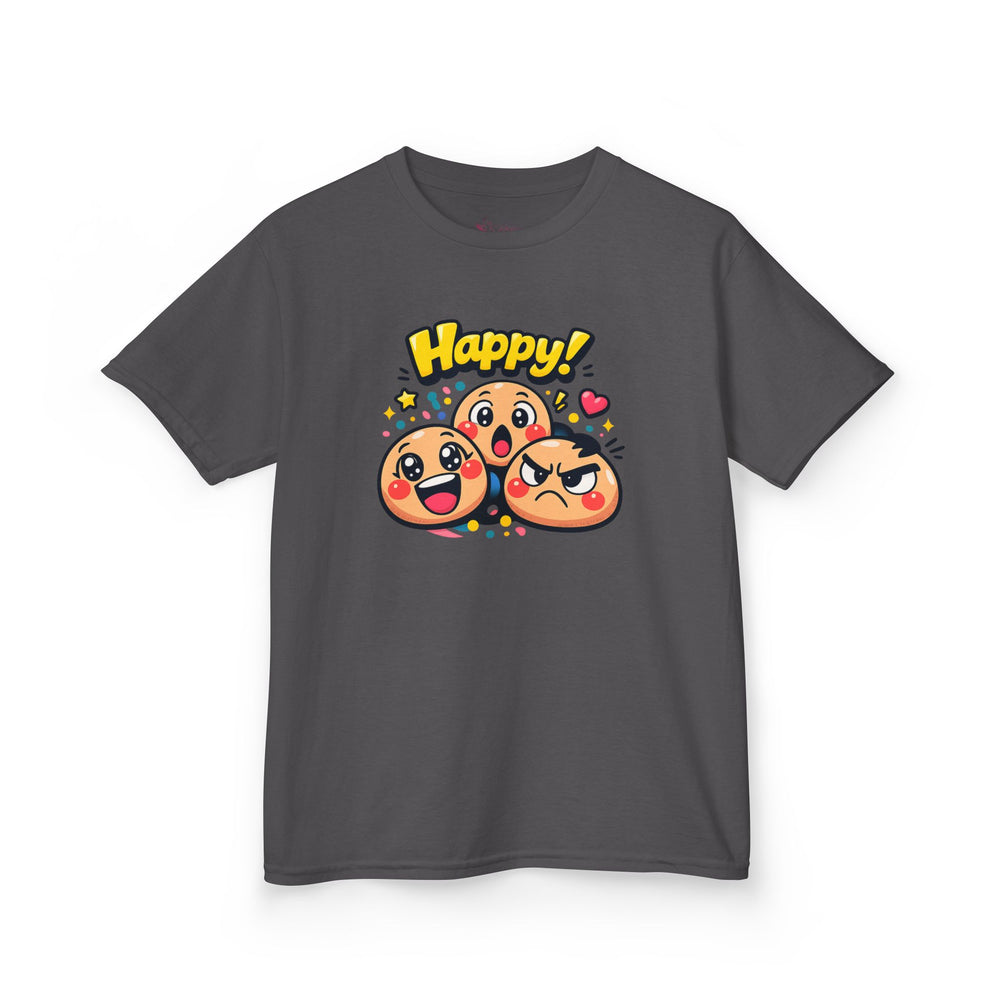 Gildan 5000B | Kids' "Happy Trio" Emoji Graphic Tee – Fun & Expressive Summer Shirt | "Happy!" Vibes Youth T-Shirt – Soft Cotton Tee for Active Kids | Vibrant Emoji Squad Kids' Tee – Comfortable Daily...