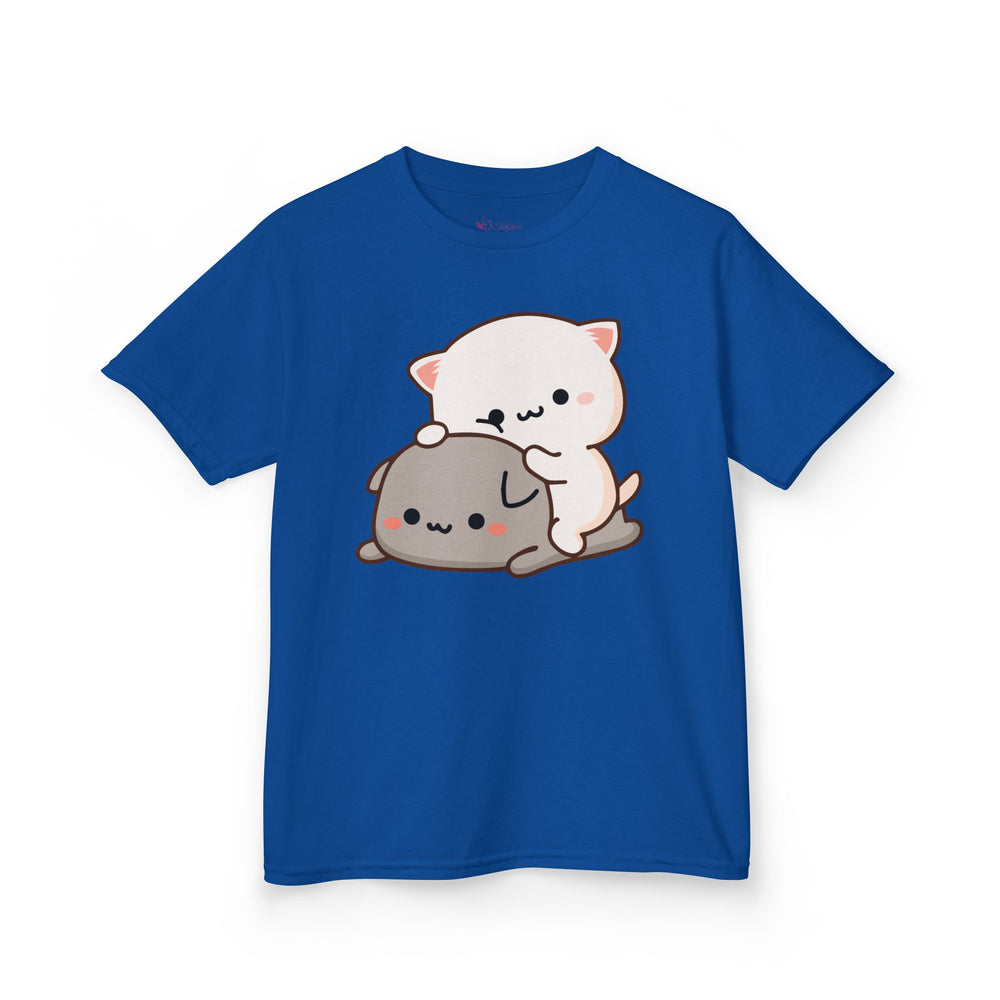 Kids Peach & Goma Funny T-Shirt – Youth Mochi Peach Cat Graphic Tee – Cute Mocha & Milk Lovers Shirt for Boys & Girls – Funny Cartoon Couple Youth Top