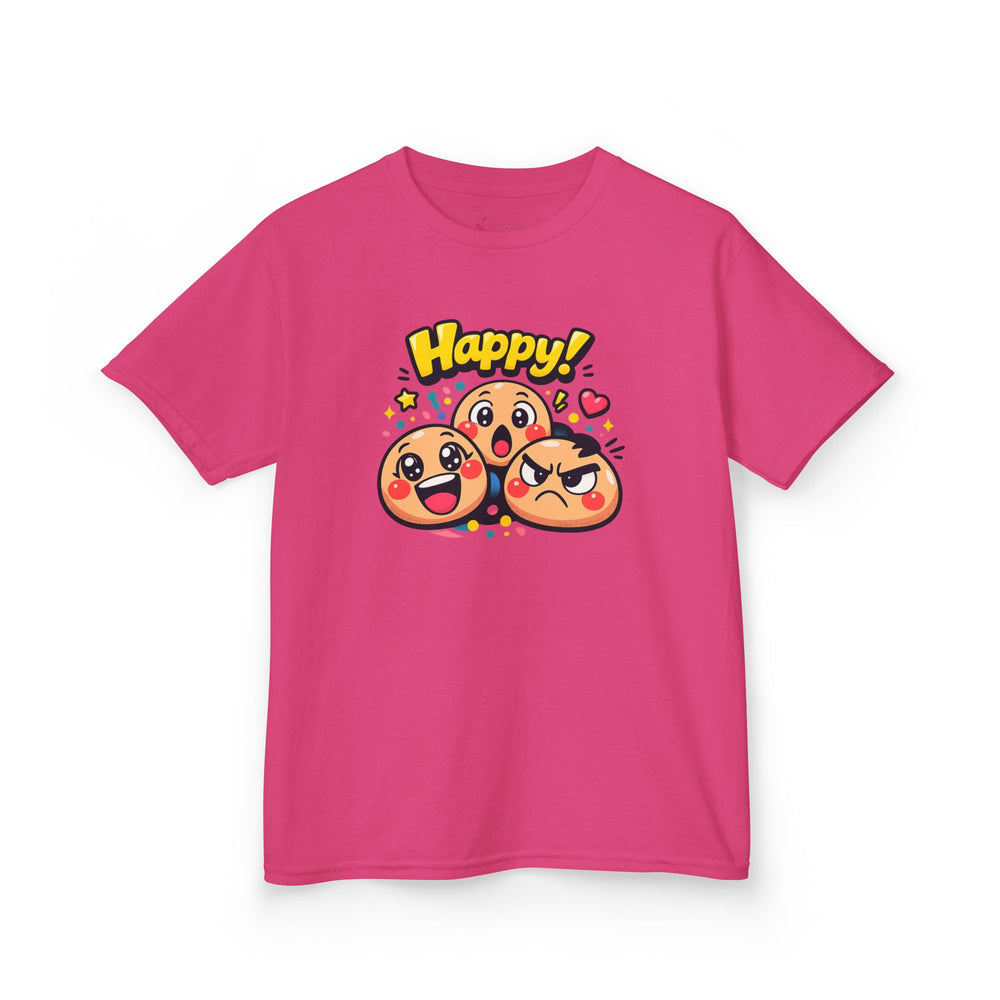 Gildan 5000B | Kids' "Happy Trio" Emoji Graphic Tee – Fun & Expressive Summer Shirt | "Happy!" Vibes Youth T-Shirt – Soft Cotton Tee for Active Kids | Vibrant Emoji Squad Kids' Tee – Comfortable Daily...