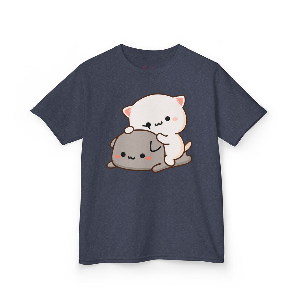 Kids Peach & Goma Funny T-Shirt – Youth Mochi Peach Cat Graphic Tee – Cute Mocha & Milk Lovers Shirt for Boys & Girls – Funny Cartoon Couple Youth Top
