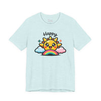 Bella+Canvas 3001 | Happy Sun & Rainbow Unisex Cotton Tee | Cute Kawaii Graphic Shirt | Happy Sun Rainbow Tee | kawaii minimal, thick outline emoji cartoon