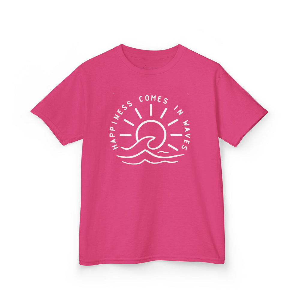 Gildan 5000B | Kids' "Happiness Comes in Waves" Graphic Tee – Soft & Breathable Summer Beach T-Shirt