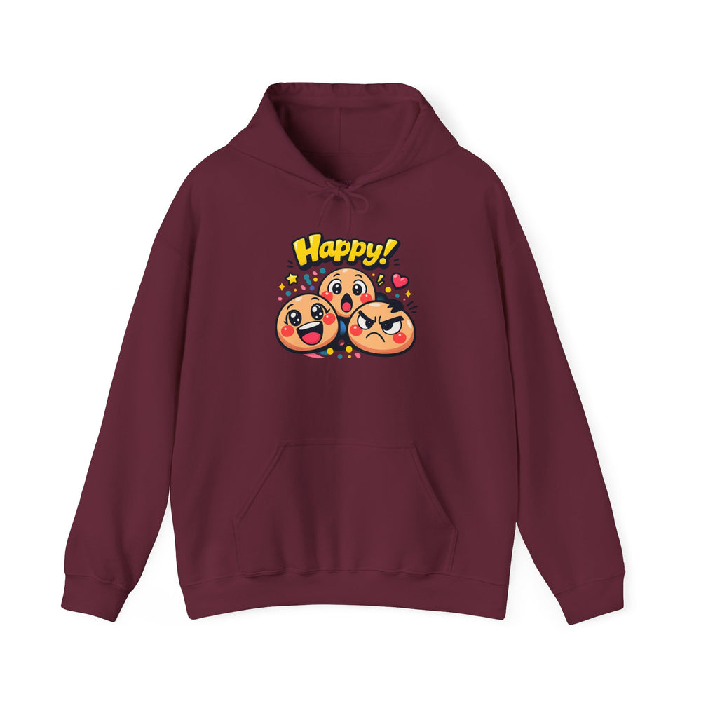 Gildan 18500 | Unisex "Happy!" Cartoon Emoji Hoodie – Heavy Blend Graphic Sweatshirt – Cute & Playful Streetwear Pullover | Happy emoji cartoon hoodie | kawaii minimal, thick outline