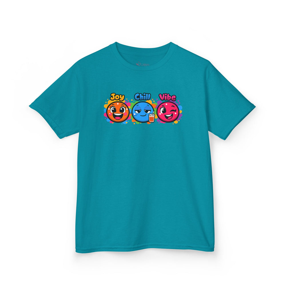 Gildan 5000B | Kids' "Joy, Chill, Vibe" Trio Graphic Tee | Kids Tee — Joy Chill Vibe Emoji Trio Graphic T-Shirt