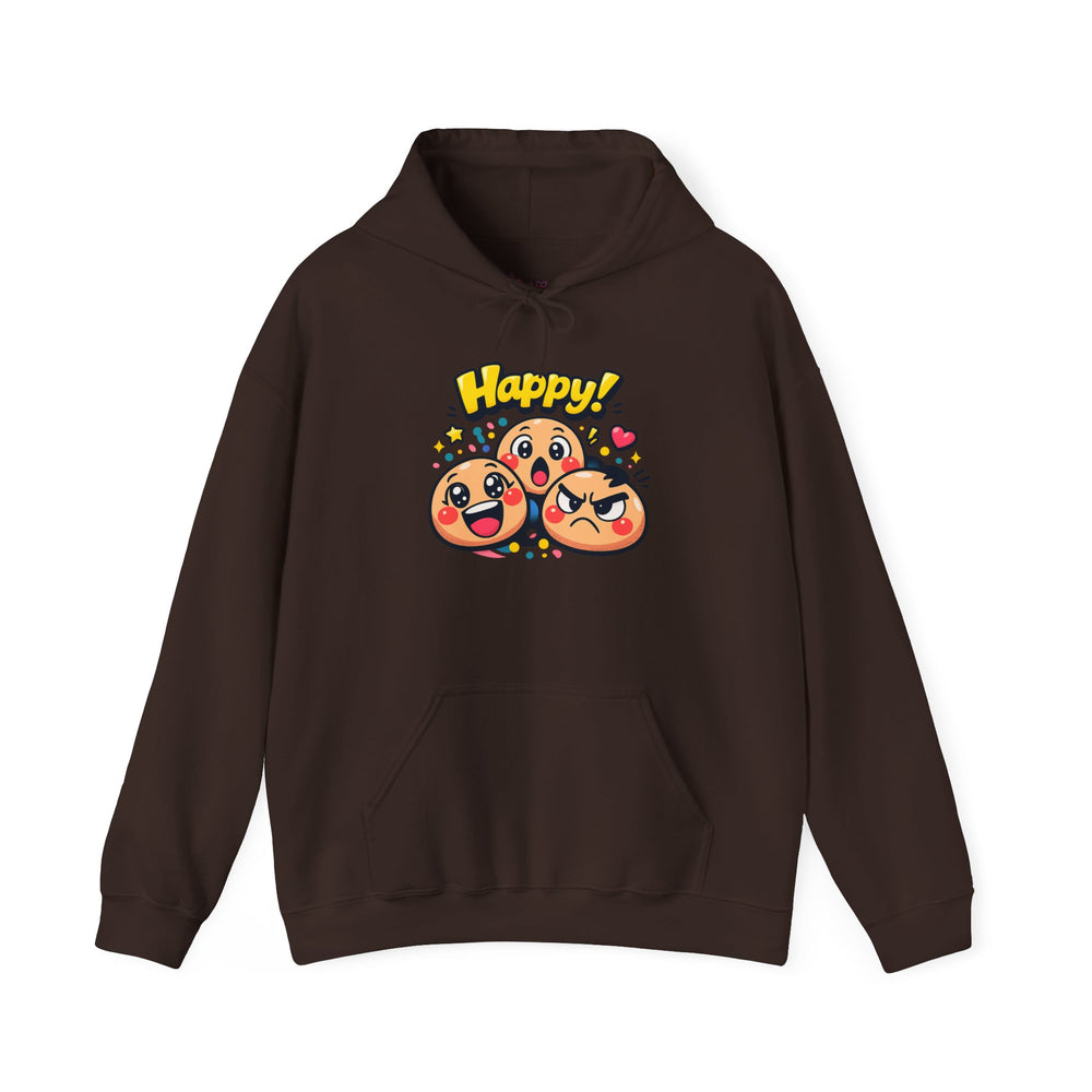 Gildan 18500 | Unisex "Happy!" Cartoon Emoji Hoodie – Heavy Blend Graphic Sweatshirt – Cute & Playful Streetwear Pullover | Happy emoji cartoon hoodie | kawaii minimal, thick outline