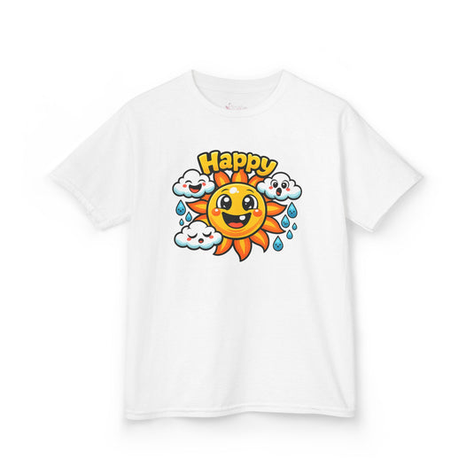 Gildan 5000B | Kids' Happy Sun & Smiling Clouds Graphic Tee – Vibrant Summer Mood T-Shirt
