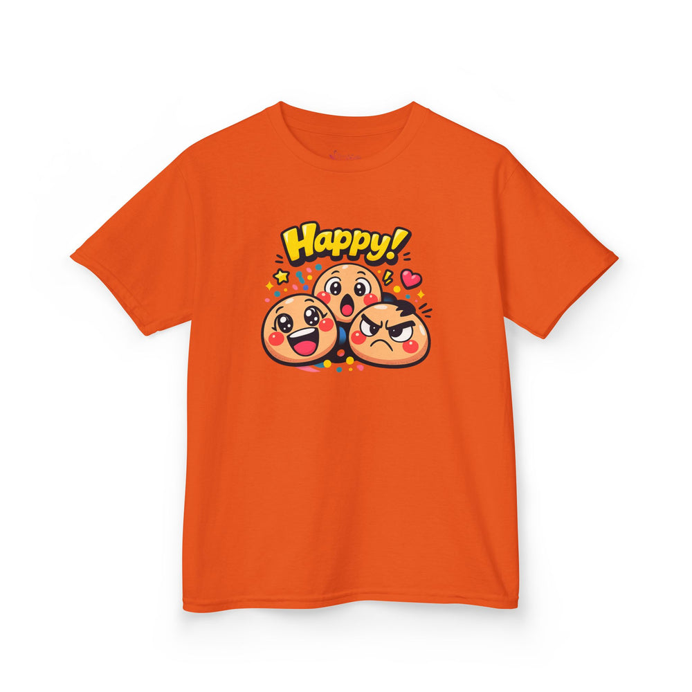Gildan 5000B | Kids' "Happy Trio" Emoji Graphic Tee – Fun & Expressive Summer Shirt | "Happy!" Vibes Youth T-Shirt – Soft Cotton Tee for Active Kids | Vibrant Emoji Squad Kids' Tee – Comfortable Daily...