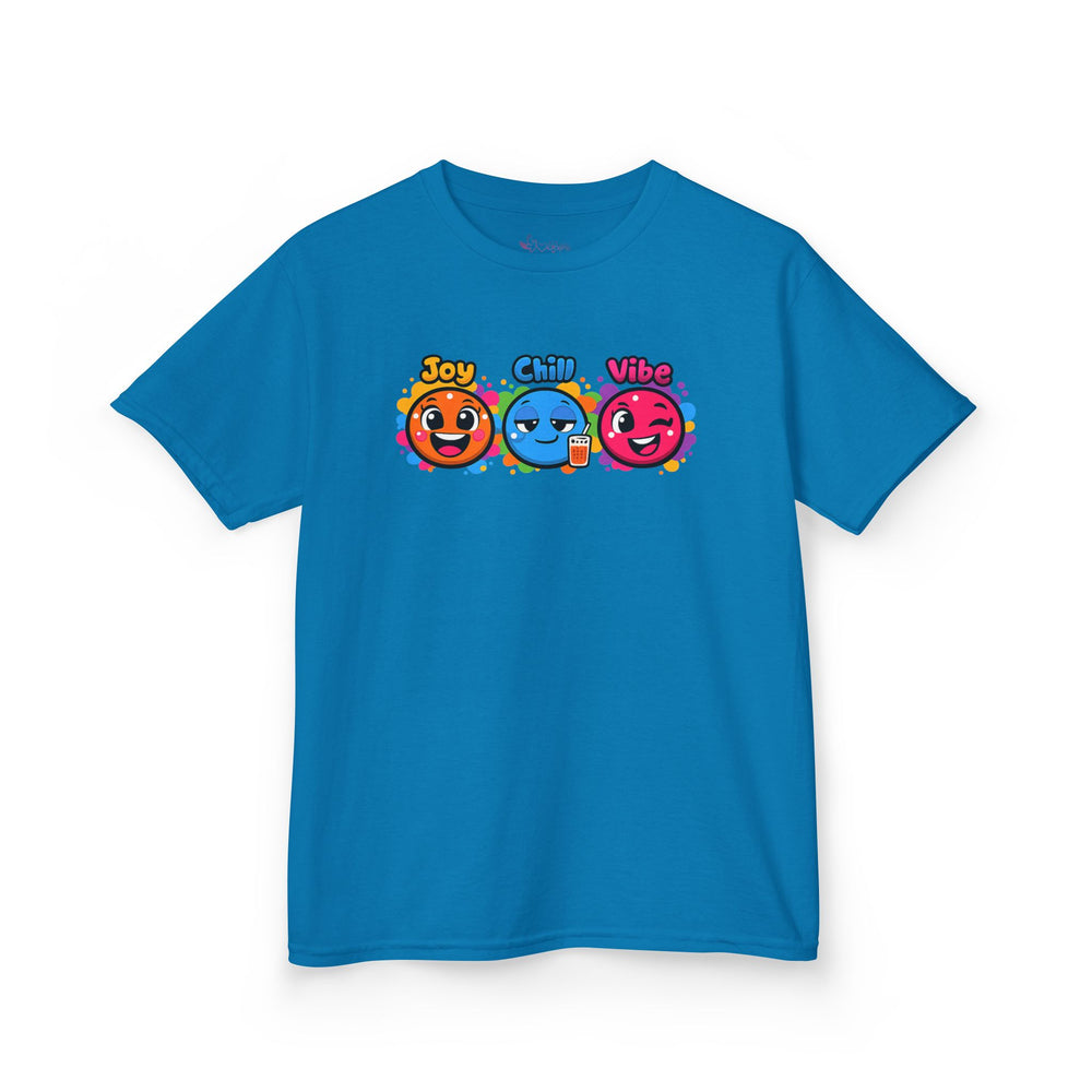 Gildan 5000B | Kids' "Joy, Chill, Vibe" Trio Graphic Tee | Kids Tee — Joy Chill Vibe Emoji Trio Graphic T-Shirt